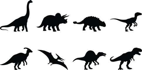 Prehistoric Dinosaur Silhouette Collection Set Featuring Tyrannosaurus Triceratops Brachiosaurus Ankylosaurus Pterodactyl Parasaurolophus and Spinosaurus © Arifa