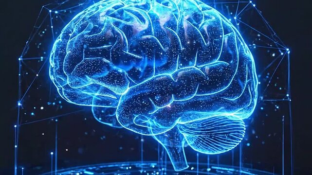 A glowing digital human brain model floating in dark space