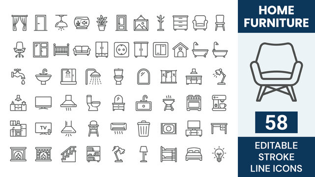 Home furniture outline editable icon set. featuring icons of various home furniture, appiliance, decoration and more. Editable stroke. Vector illustration	