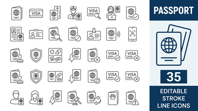 passport icon set. Contain icons related to passport, international, personal id, identification, global, travel, border, pass, stamp, and more. Editable stroke. Vector illustration