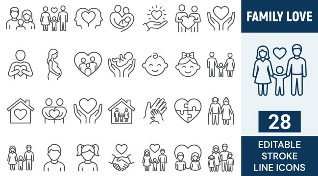 Family and Love line editable icons set. editable stroke. Vector illustration