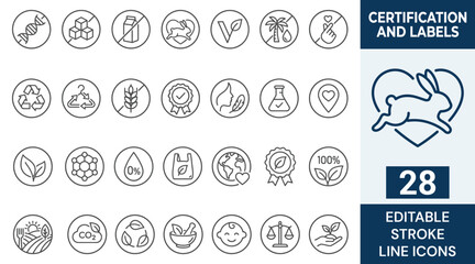Certifications and product label icon set. Contain icons related to Certifications, product label, natural ingredients, sustainability, eco packaging and more. Editable stroke. Vector illustration