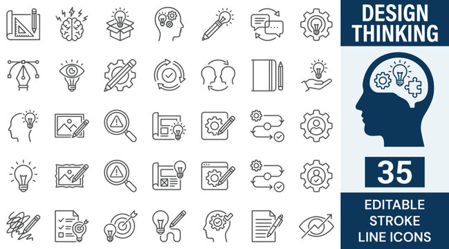 Design Thinking line editable icon set. Contain icons related to design, thinking, ideation, brainstorm, creativity, prototype, innovation, research, and more. Editable stroke. Vector illustration