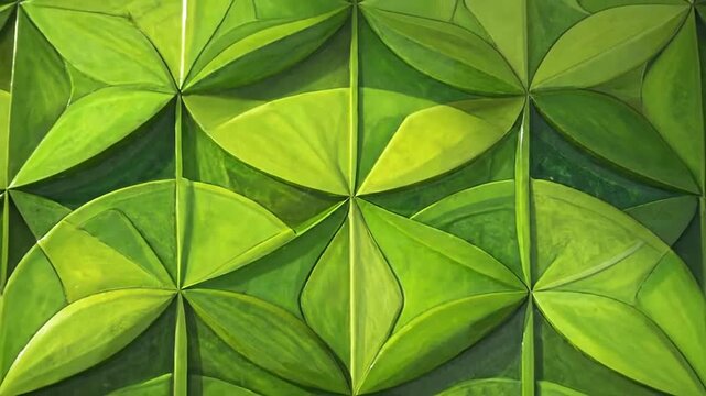 A vibrant green geometric pattern with repeating leaf shapes