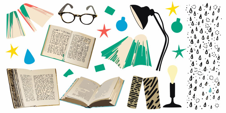 Open books eyeglasses and lamp with a colorful vector illustration style