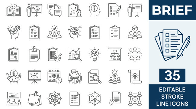 Brief icon set. Containing briefing, agenda, instruction, inform, planning, collaboration, team, note, insight, meeting, and more. Editable stroke. Vector illustration