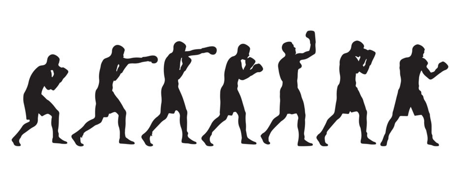 Boxing moves silhouette set fighter training punches icons athletic sport vector illustration isolated on white background