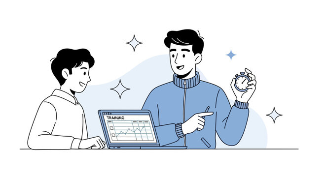 Two men learning and training with a laptop showing data charts and a stopwatch indicating progress or time management.