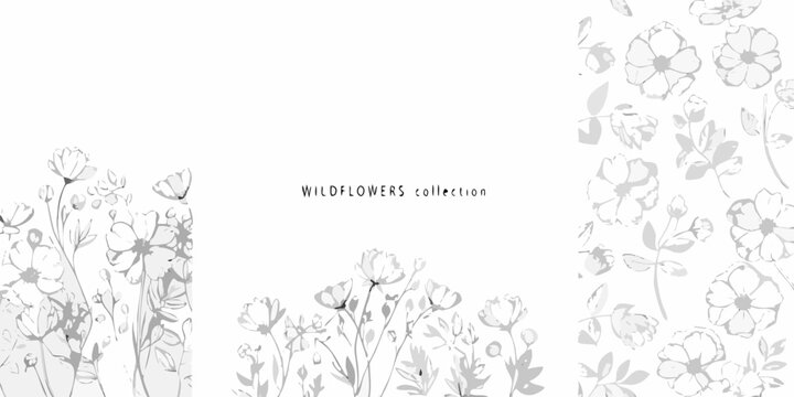Wildflower Collection Gray Scale Vector Illustration With White Background