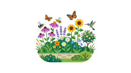 Vibrant Garden Scene with Butterflies, Bees, and Hummingbird © bad