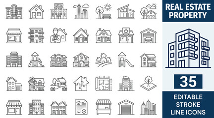 Fototapeta premium Real estate Properties icon set. Containing, Urban architecture, building, skyscraper, and more. Editable stroke. Vector illustration