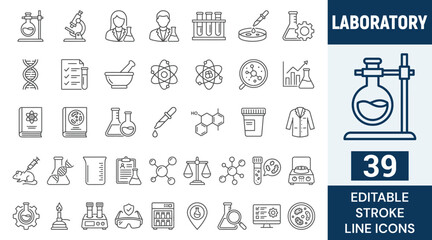 Laboratory icon set. Containing experiment, test tube, microscope, flask, chemical, biology, research, lab and more. Outline Icon Collection. Editable stroke. Vector illustration © Kingko