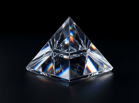 Crystal Glass Pyramid with Rainbow Light Refraction on Black Background