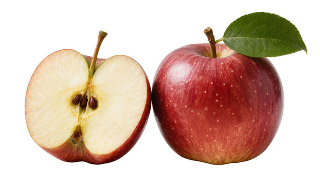 Red apple cut in half showing seeds and whole apple with leaf