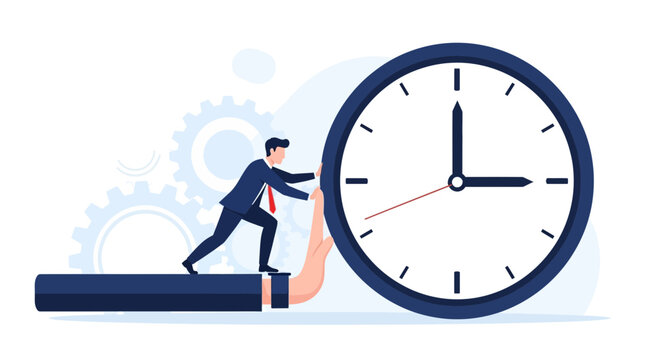 Businessman pushing a large clock, symbolizing time management, deadlines, and business pressure. Vector illustration.