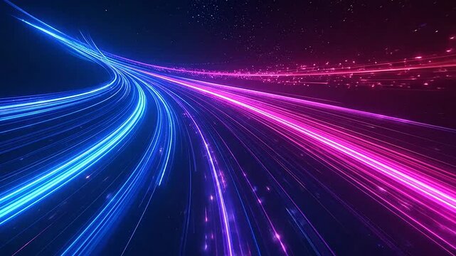 Abstract digital light trails moving through a dark space tunnel