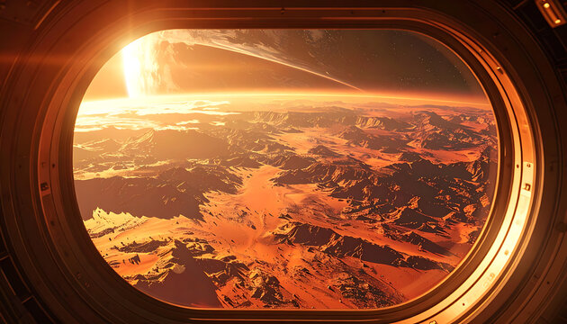 View from spaceship window of alien planet surface during sunrise with glowing atmosphere, space exploration.