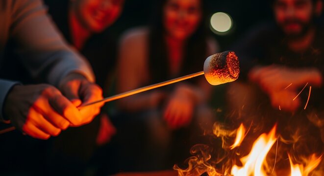 Close-up of hands holding toasted marshmallow over campfire