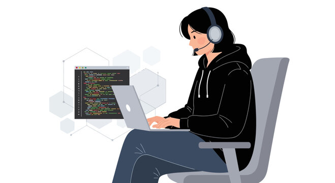 Young woman coder in headset working on laptop with code on screen, modern technology concept illustration