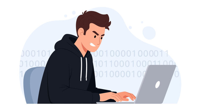 Focused Hacker Working on Laptop with Binary Code Background