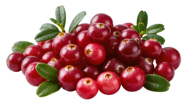 Heap of fresh red cranberries with green leaves