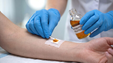 Naklejka premium Nurse Applying Antiseptic Solution to Patient's Arm