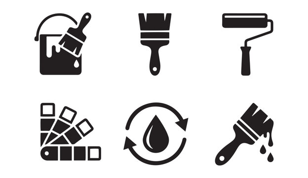 House painting tools vector icon set with paint bucket brush roller and color palette swatches