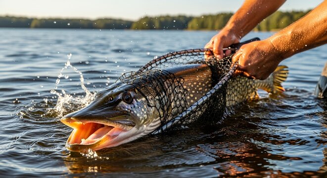 Large pike fish caught in fishing net over calm lake water during golden hour