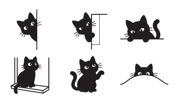 Cute peeking cats silhouettes vector icon set with playful black kittens hiding and looking out