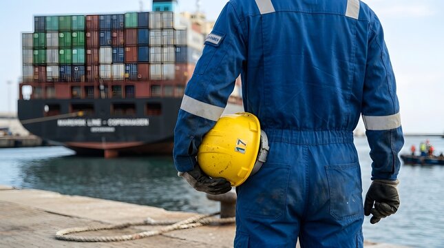 Worker in blue uniform standing by the water with a cargo ship loaded with containers in the background