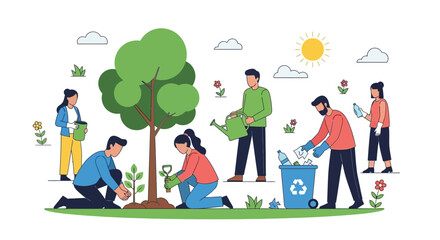Fototapeta premium People Planting Trees and Recycling for Environmental Protection