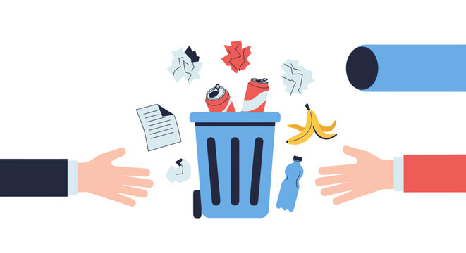Recycling concept: Hands throwing trash into a blue bin, waste management illustration