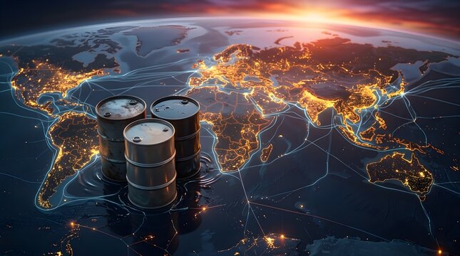 Global energy and transportation network visualized with oil barrels on a world map at sunset