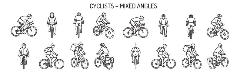 Fototapeta premium Cyclists Riding Bicycles from Mixed Angles Vector Illustration Set for Sports Training Guides, Urban Mobility Marketing and Cycling Industry Design