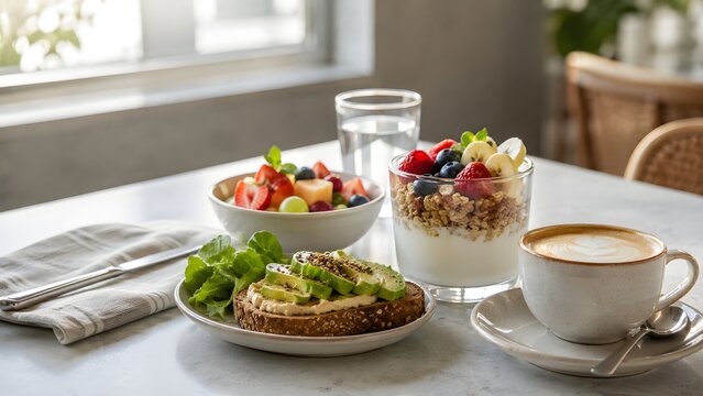 Healthy breakfast with avocado toast yogurt granola fresh fruit and latte coffee on table