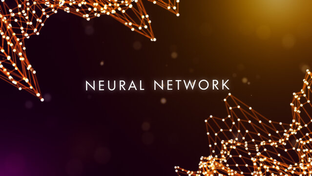 Advanced AI concept featuring neural network text surrounded by interconnected digital nodes, glowing polygon structures, and futuristic machine learning visualization.