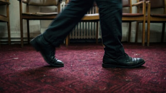 Legs and feet in dark trousers and black shoes walk on worn red carpet. Blurred chairs in dim room. Sense of isolation and apprehension.