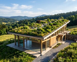Fototapeta premium Modern Sustainable House with Lush Green Roof in Mountain Landscape