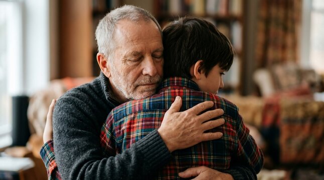 An elderly grandfather hugging his young grandson affectionately indoors.