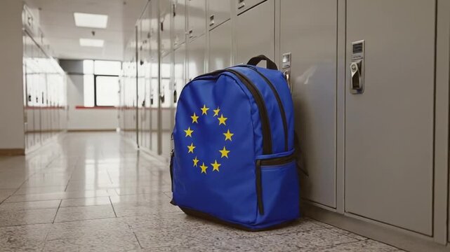 Backpack in a European school. EU flag.