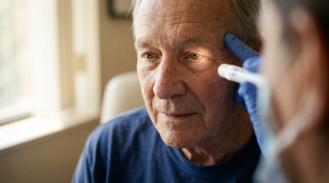 Elderly man receiving eye examination from healthcare professional.