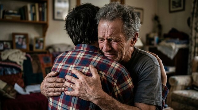 Emotional moment of a father crying while embracing his child.