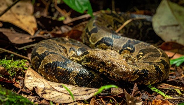 Camouflaged Coiled Snake Resting on Leaf Covered Forest Floor