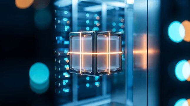 Glowing Data Block Cube Floating In Server Room Background
