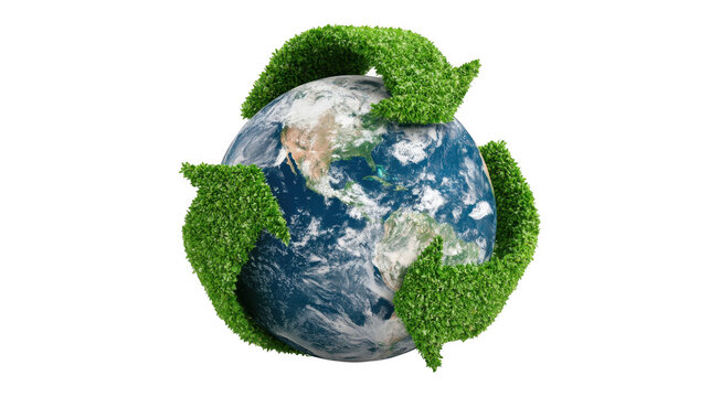 Earth with Recycling Arrows Illustration on White Background, Environmental Conservation Concept