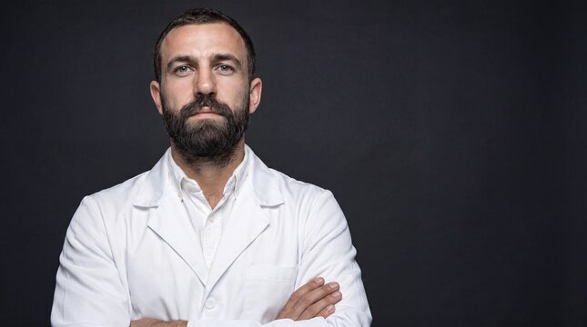 A serious Caucasian man with a beard wearing a white lab coat. He stands with arms crossed against a dark background, conveying professionalism and confidence.
