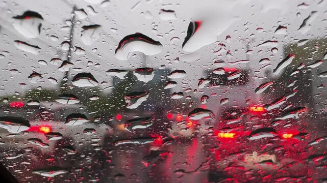Close-up of rain droplets on a car windshield during wet weather, creating abstract patterns and reflections that convey monsoon travel and atmospheric conditions