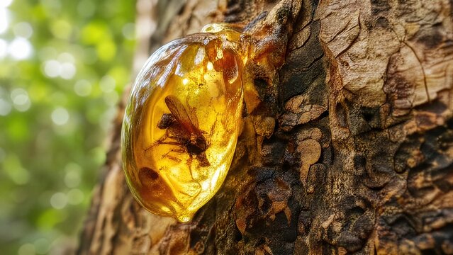 Golden amber copal resin trapped in tree bark containing a preserved insect.