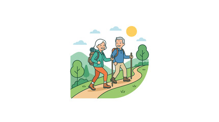 Obraz premium Happy senior couple hiking on a scenic trail with backpacks and walking sticks