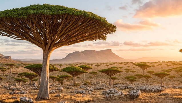 Dragon Blood Forest on Socotra Island with Umbrella-Shaped Trees and Arid Terrain